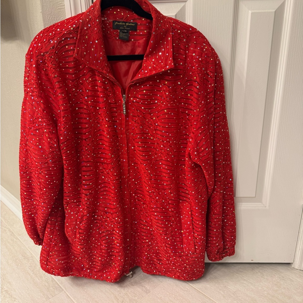Elegant Red Teddy Jacket with Sparkle Accents